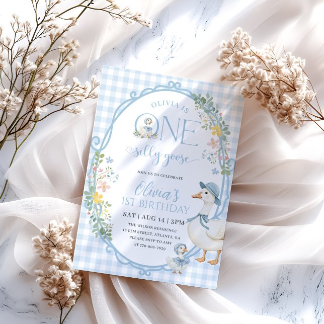 Convite Um Bobo Gingham Azul primeiro aniversario Gingham (Criador carregado)