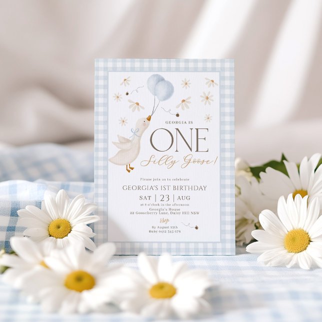 Convite Um Bobo Gingham Azul primeiro aniversario Gingham (Silly Goose 1st Birthday Blue Gingham Boys Invitation
)