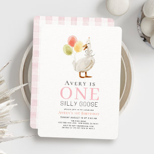 Convite Um Bobo Gingham primeiro aniversario Rosa Gingham