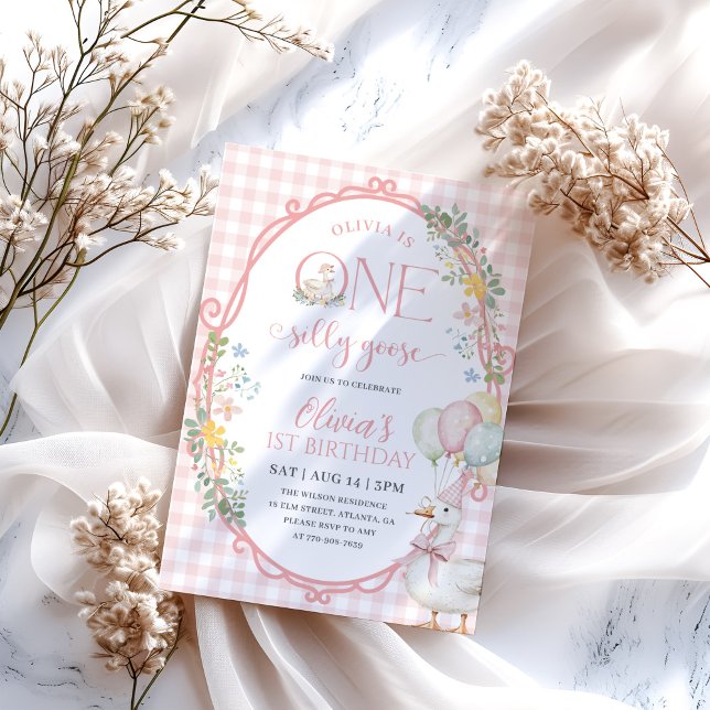 Convite Um Bobo Gingham Rosa primeiro aniversario Gingham  (Criador carregado)