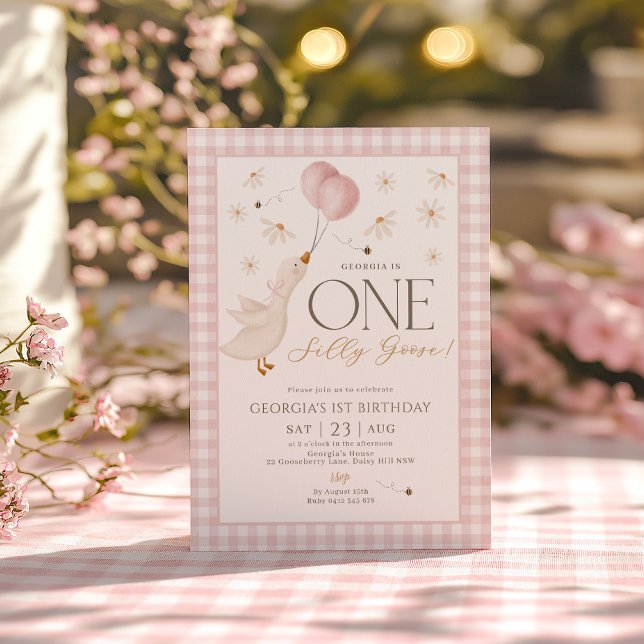 Convite Um Bobo Gingham Rosa primeiro aniversario Gingham  (Silly Goose 1st Birthday Pink Gingham Girls Invitation)