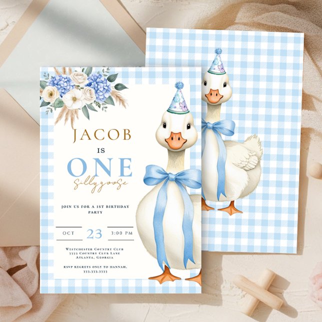 Convite Um Bobo Goose Blue Gingham Boy primeiro aniversari (Criador carregado)