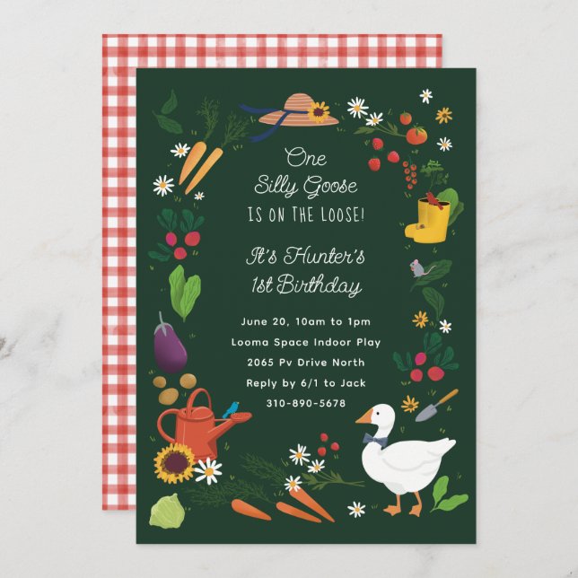Convite Um Bobo Goose Farmer Garden Tema Verde Aniversário (Frente/Verso)