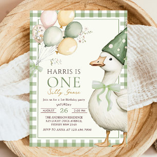 Convite Um Bobo Goose Green Gingham primeiro aniversario