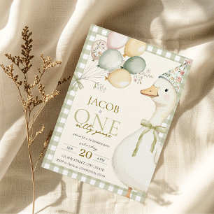 Convite Um Bobo Goose Green Gingham primeiro aniversario