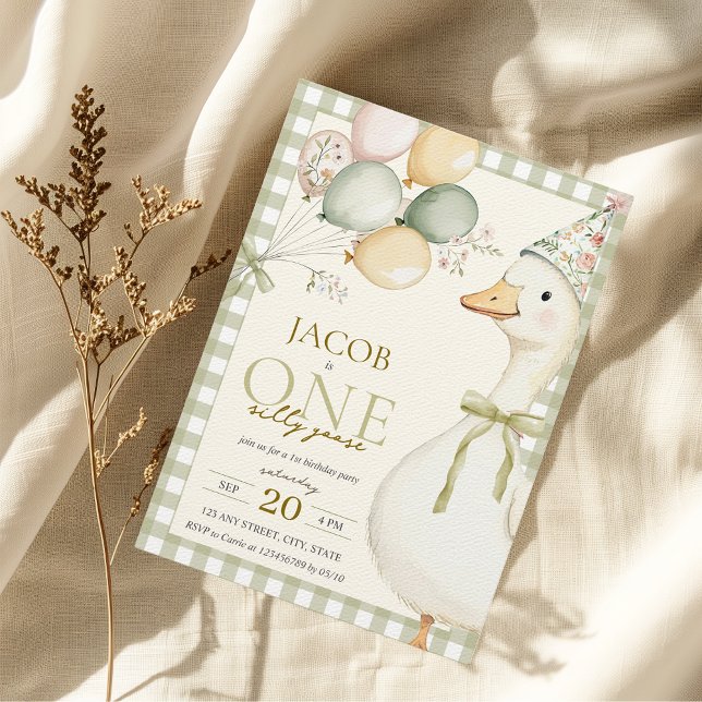 Convite Um Bobo Goose Green Gingham primeiro aniversario (One Silly Goose Green Gingham Boy's 1st Birthday Invitation Watercolor Aesthetic)