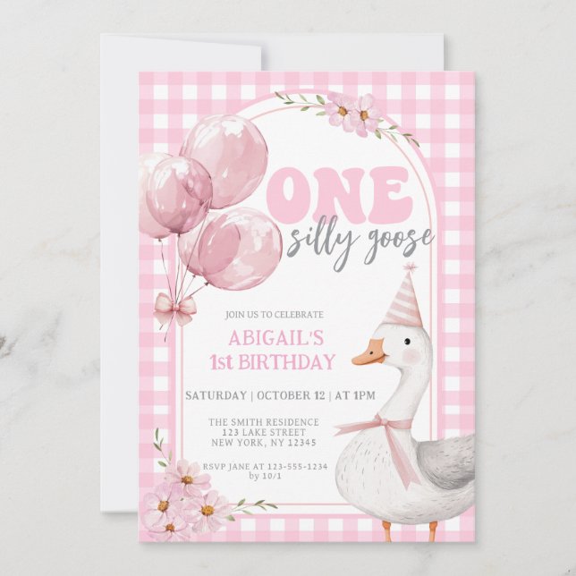 CONVITE UM BOBO GOOSE PINK GINGHAM PRIMEIRO ANIVERSARIO (Frente)