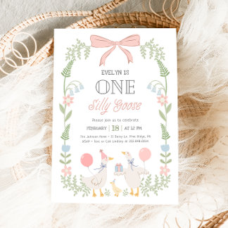 Convite Um Bobo Goose - primeiro aniversario Floral Rosa