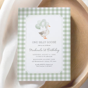 Convite Um Bobo Goose Sage Green Gingham primeiro aniversa