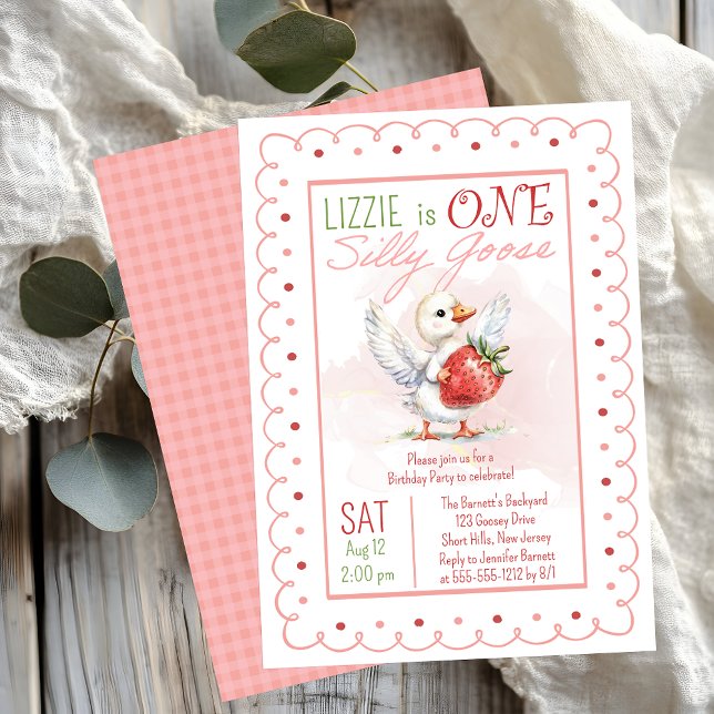 Convite Um Bobo Goose Strawberry Girl primeiro aniversario ("One Silly Goose" Baby Goose (Gosling) and Strawberry Doodle Frame Girl's 1st Birthday Party Invite)