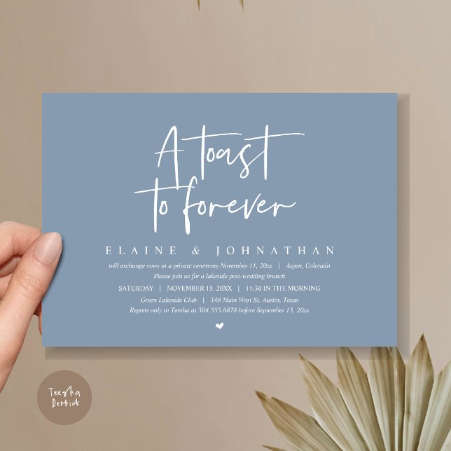 Convite Um brinde a Forever, Festa de Elopement Brunch (A Toast To Forever, Wedding Elopement Brunch Party Invitation Card, PDF, in Dusty Blue)