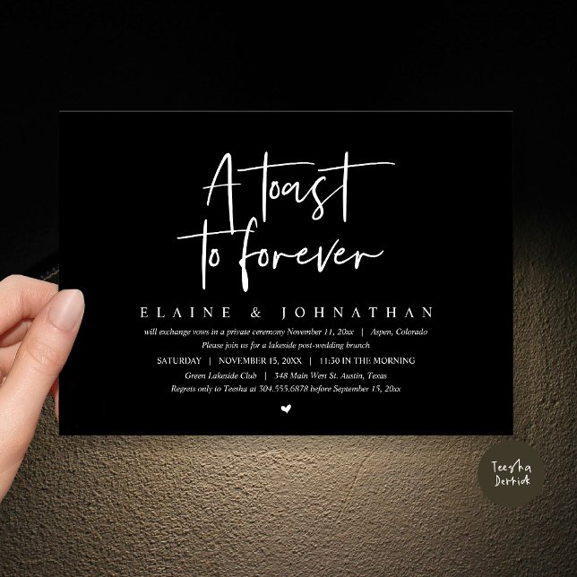 Convite Um brinde a Forever, Festa de Elopement Brunch (A Toast To Forever, Wedding Elopement Brunch Party Invitation Card, PDF, in Classy Black)