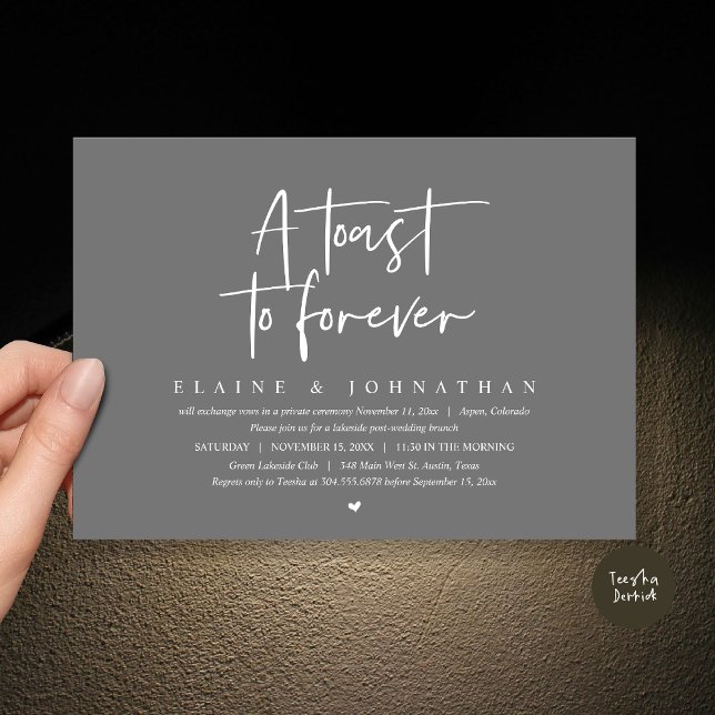 Convite Um brinde a Forever, Festa de Elopement Brunch (A Toast To Forever, Wedding Elopement Brunch Party Invitation Card, PDF, in Dark Grey)