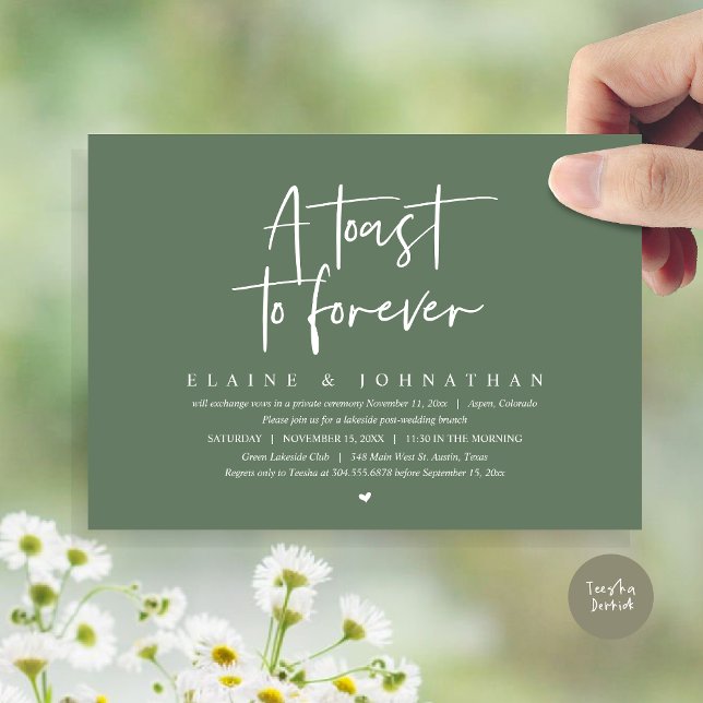 Convite Um brinde a Forever, Festa de Elopement Brunch (A Toast To Forever, Wedding Elopement Brunch Party Invitation Card, PDF, in Forest Sage Green)