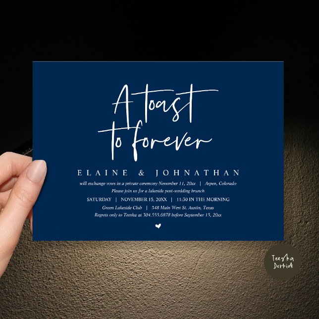 Convite Um brinde a Forever, Festa de Elopement Brunch (A Toast To Forever, Wedding Elopement Brunch Party Invitation Card, PDF, in Navy Blue)