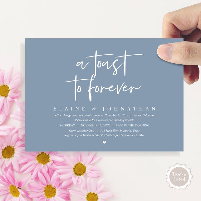 Convite Um brinde a Forever, Festa de Elopement Brunch (A toast to forever, wedding elopement dinner invitation card, PDF, Modern script, Dusty Blue)