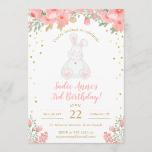 Convite Um Bunny Birthday Watercolor Floral Rosa Dourado