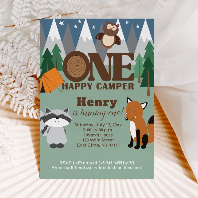 Convite Um Camarão Feliz, Animais primeiro aniversario (ONE Happy Camper 1st Birthday Invitation)