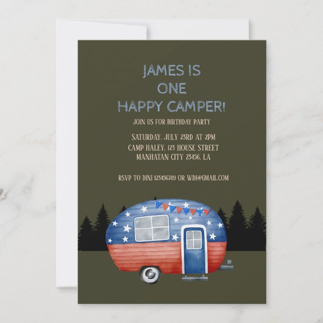 Convite Um Camper Feliz Crianças de Aniversário (Frente)
