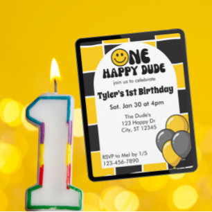 Convite Um Cara Feliz, Preto e Amarelo Aniversário de 1 An