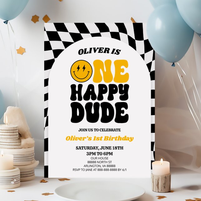 Convite Um cara feliz, Retro Arch, 1º primeiro aniversario (Criador carregado)
