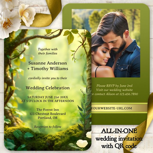 Convite Um Casamento Florestal Elegante Verde Tudo em Uma  (Elegant green and gold all-in-one wedding invitation showing a dreamy forest - with photo + QR code)