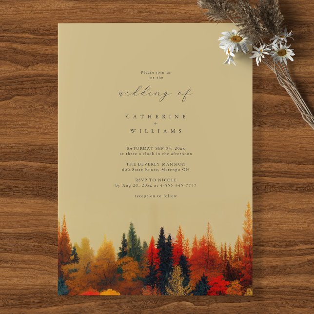 Convite Um Caso de Conto de Fadas: Casamento Caprichoso de (Fairytale fall wedding invitation mockup on rustic wood with forest design)