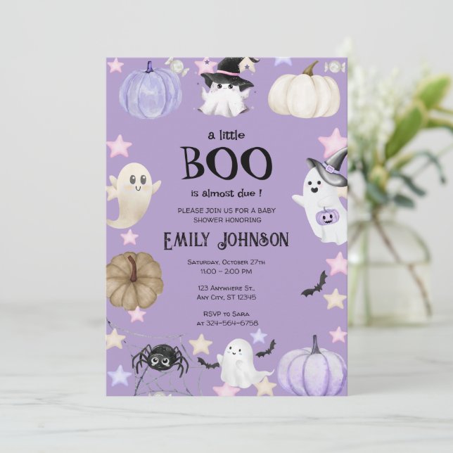 Convite Um Chá de fraldas de Boo Halloween roxo (Em pé/Frente)