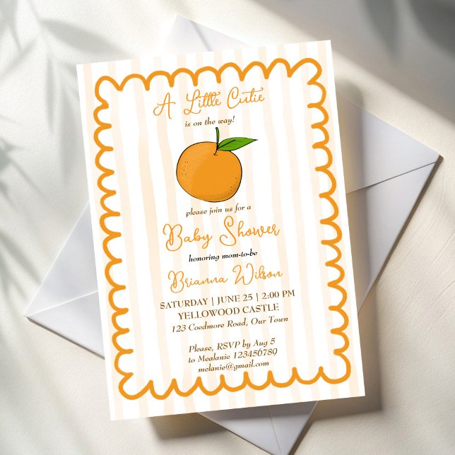 Convite Um chá de fraldas de citros branco (A little cute whimsical citrus hand drawn border summer fruit baby shower invitation template)