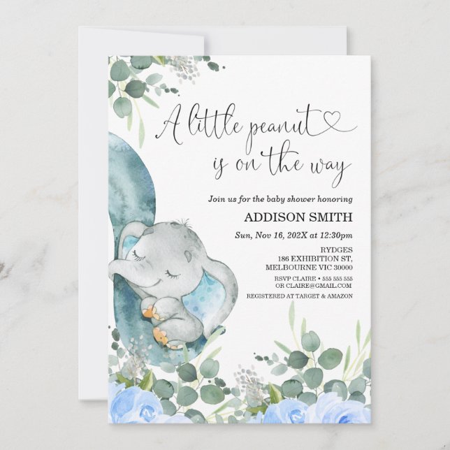 Convite Um Chá de fraldas De Elefante Floral De Amendoim (Frente)