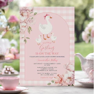 Convite Um Chá de fraldas de Gingham Floral Rosa Pequeno