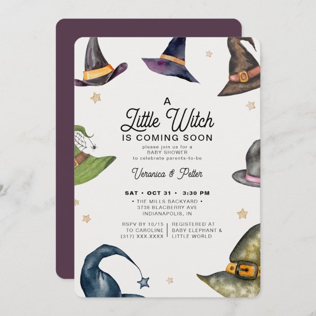 Convite Um Chá de fraldas de Halloween Roxo Para Uma Peque (Frente/Verso)