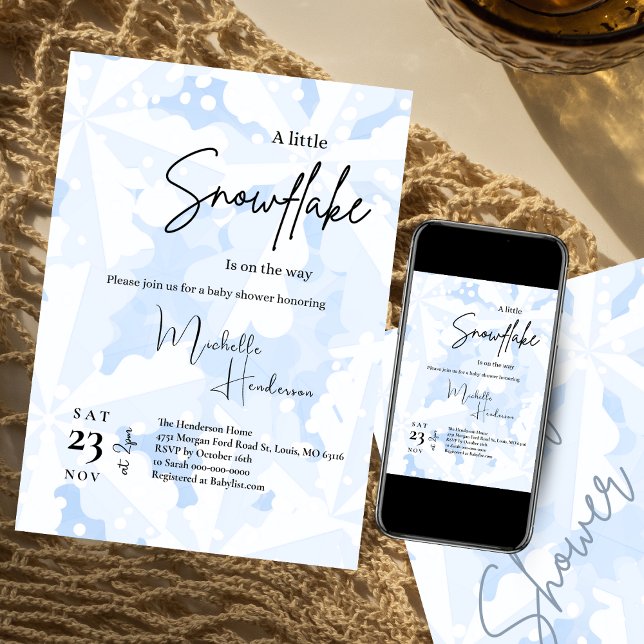 Convite Um Chá de fraldas de inverno azul com floco de nev (Criador carregado)