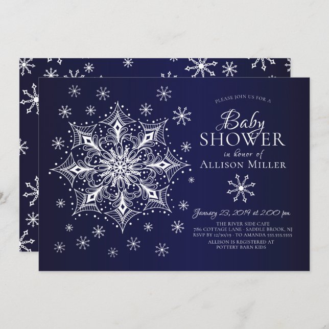 Convite Um Chá de fraldas de inverno com floco de neve (Frente/Verso)