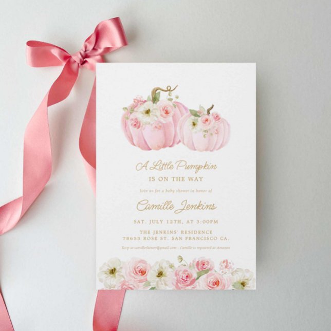 Convite Um Chá de fraldas De Menina Rosa-De-Pumpkin (Elegant A Little Pumpkin on the way baby shower invitation)