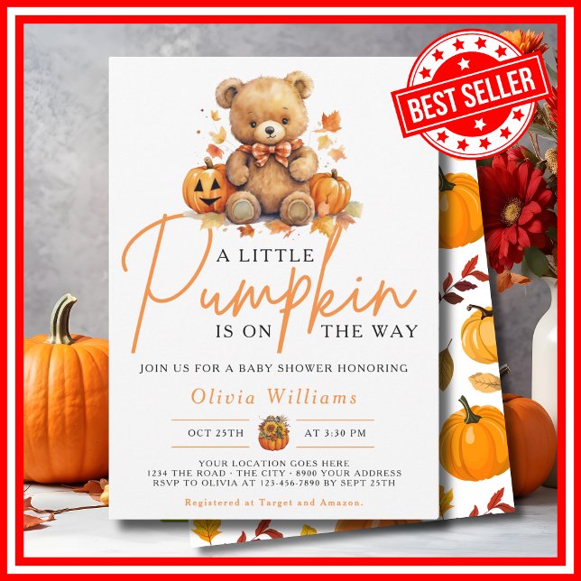 Convite Um Chá de fraldas de Pumpkin Fall Halloween BEAR (A Little Pumpkin Fall Halloween BEAR Baby Shower Invitation)