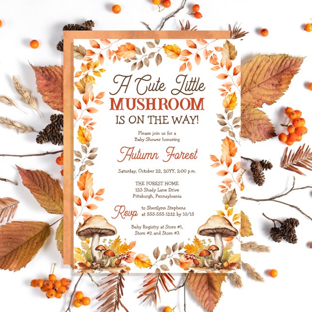 Convite Um Chá de fraldas De Queda De Cogumelo ("A Cute Little Mushroom Is On The Way!" Fall | Autumn Baby Shower Invitation)