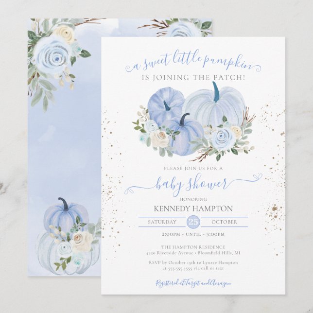 Convite Um Chá de fraldas De Uma Menina Azul De Pumpkin (Frente/Verso)