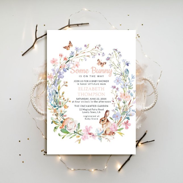 Convite Um Chá de fraldas do Jardim de Flor Selvagem Encan (spring baby shower invitation some bunny woodland rabbit enchanted garden easter spring summer)