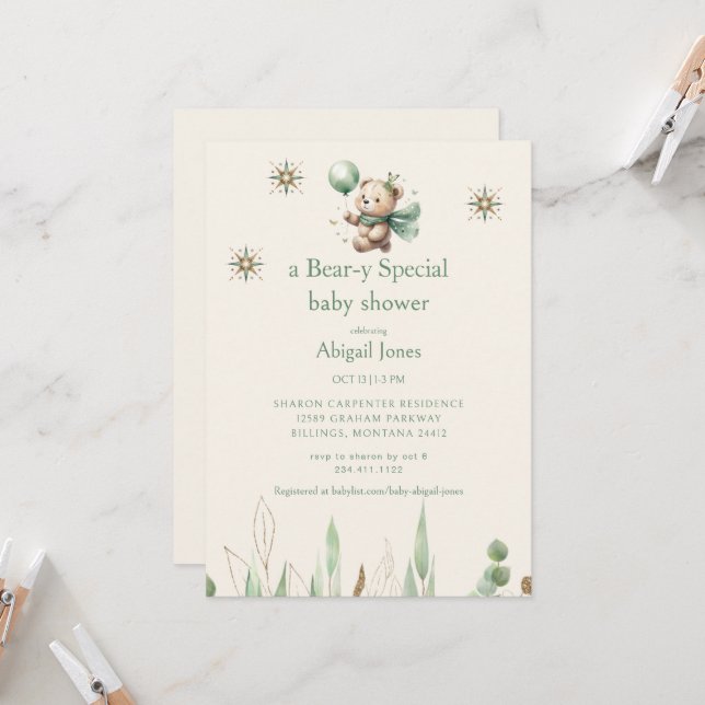 Convite Um Chá de fraldas neutro de creme especial de urso (Frente/Verso In Situ)