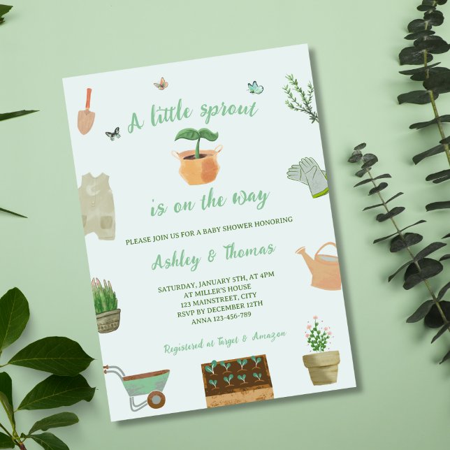 Convite Um Chá de fraldas Neutro de Planta de Jardim de Mo (A Little Sprout Garden Plant Neutral Baby Shower Invitation)