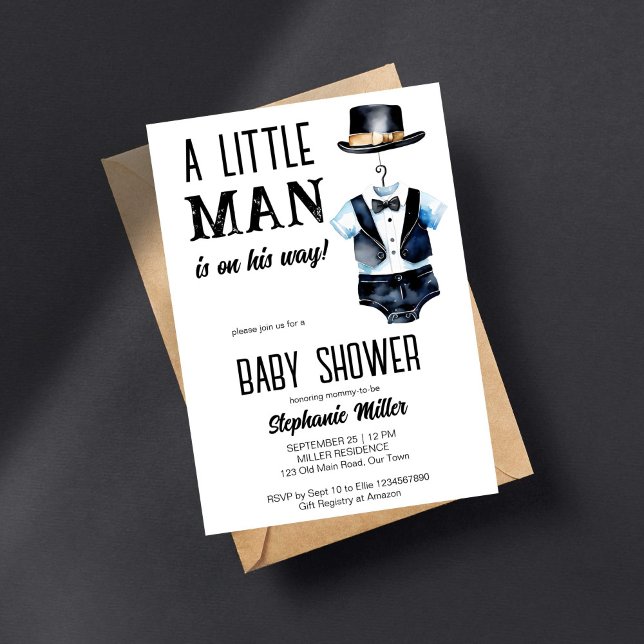 Convite Um chá de fraldas preto, um smoking e um chapéu (Little man baby shower template invitation digital download black baby tuxedo bodysuit a black hat)
