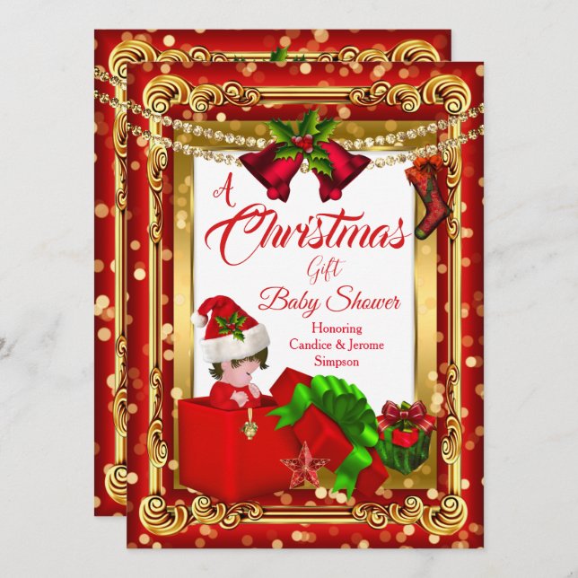 Convite Um Chá de fraldas Vermelho Dourada de presente de  (Frente/Verso)