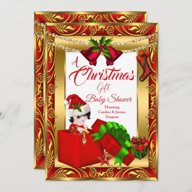 Convite Um Chá de fraldas Vermelho Dourado 2 de presente d (Frente/Verso)