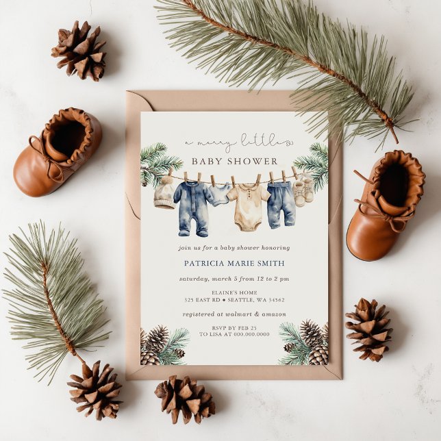 Convite Um Chá de Natal Chá de fraldas Feliz (Rustic Blue Boy Merry Little Christmas Baby Shower Invitations)