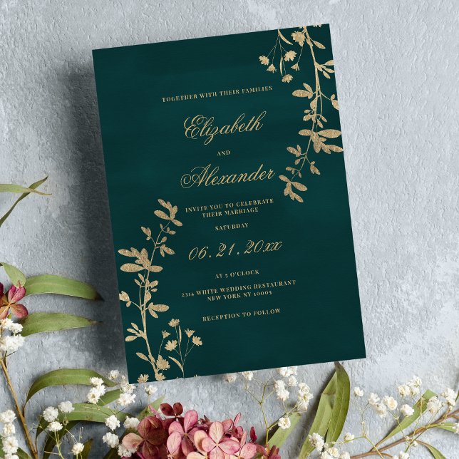 Convite Um clássico e elegante casamento floral de ouro ve (Elegant classic dark green gold floral wedding )