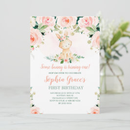 Convite Um coelho é um primeiro aniversario de Rosa Floral
