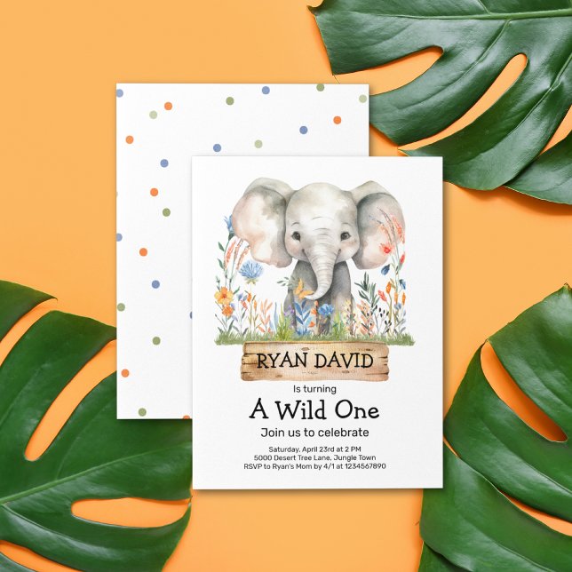 Convite Um Convidado Selvagem (Safari Jungle Watercolor Elephant Orange Blue Flowers Dot Pattern Wild One 1st Birthday Invitation)