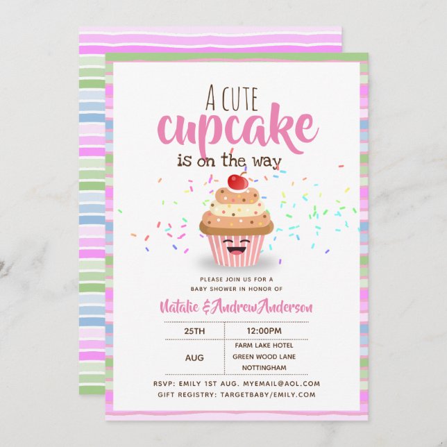 Convite Um Cupcake Bonito Está No Caminho Espelha Meninas (Frente/Verso)