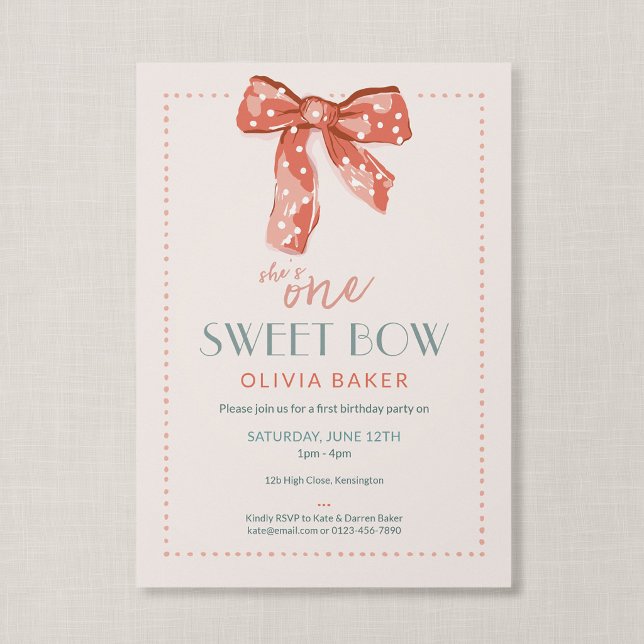 Convite Um Doce Arco Rosa Coquete Primeiro Aniversário (Heirloom Bow - Coquette First Birthday Invitation)